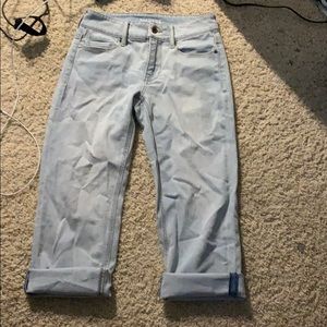 A pair of straight mid rise jeans